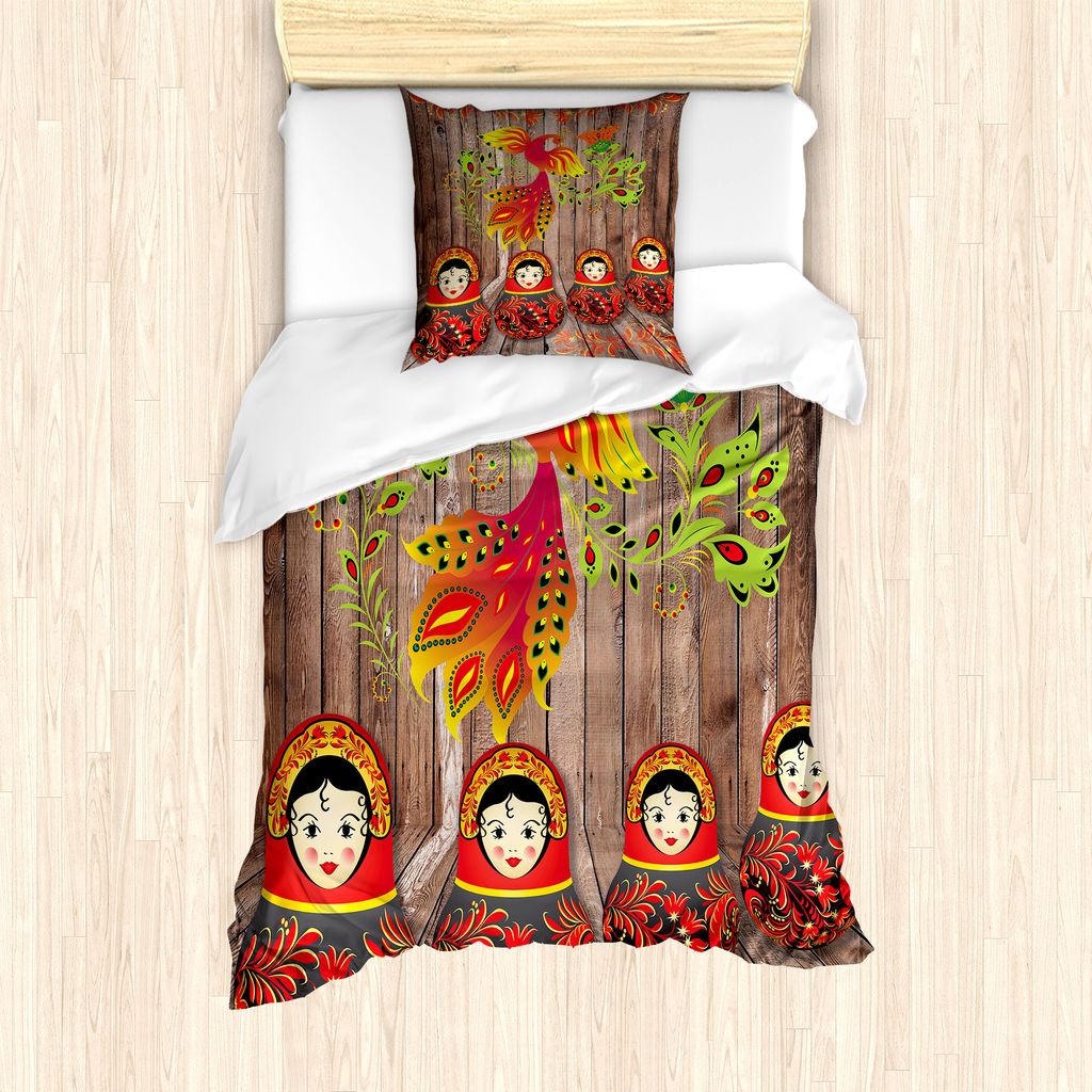 ABAKUHAUS Ethnisch Bettbezug Set für Einzelbetten, Folkloric Russische Puppen, Milbensicher Allergiker geeignet mit Kissenbezug, 135 cm x 200 cm -...