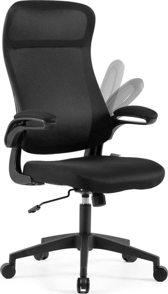 A black ergonomic office chair is shown from a side-angle against a white background.