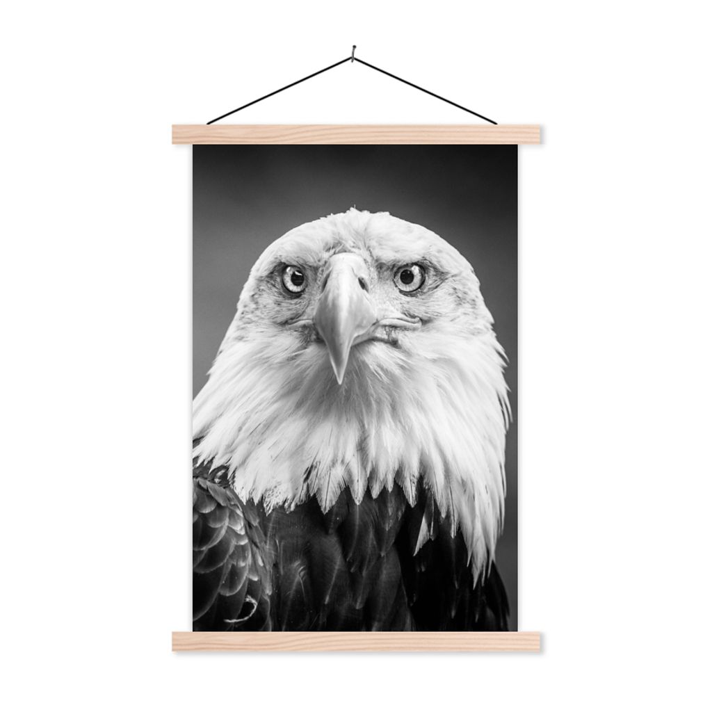 MuchoWow Textilposter Adler - Raubvogel - Schwarz - Weiß - Tiere 120x180 cm mit holzfarbenen Rahmen - Textil-Plakat