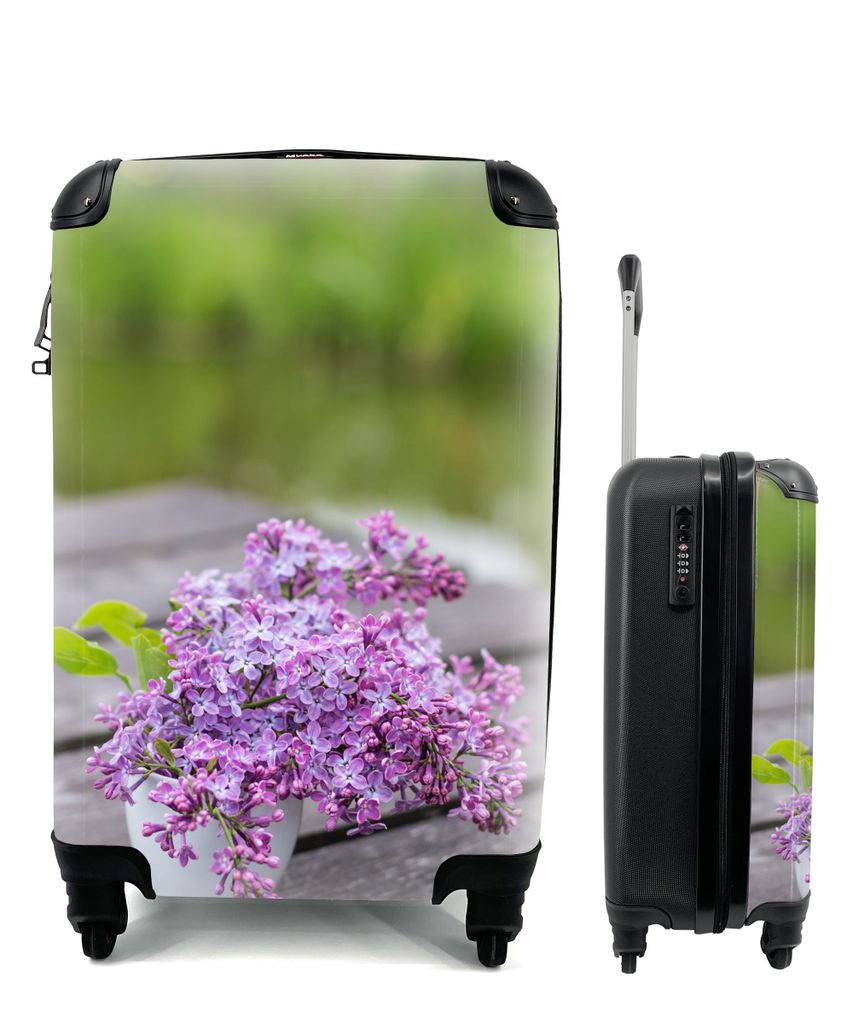 MuchoWow Koffer Handgepäck Trolley Rollkoffer Kleine Reisekoffer mit 4 Rollen - Blumenstrauß aus Flieder auf einem Tisch - Cabin Size < 55x40x2...