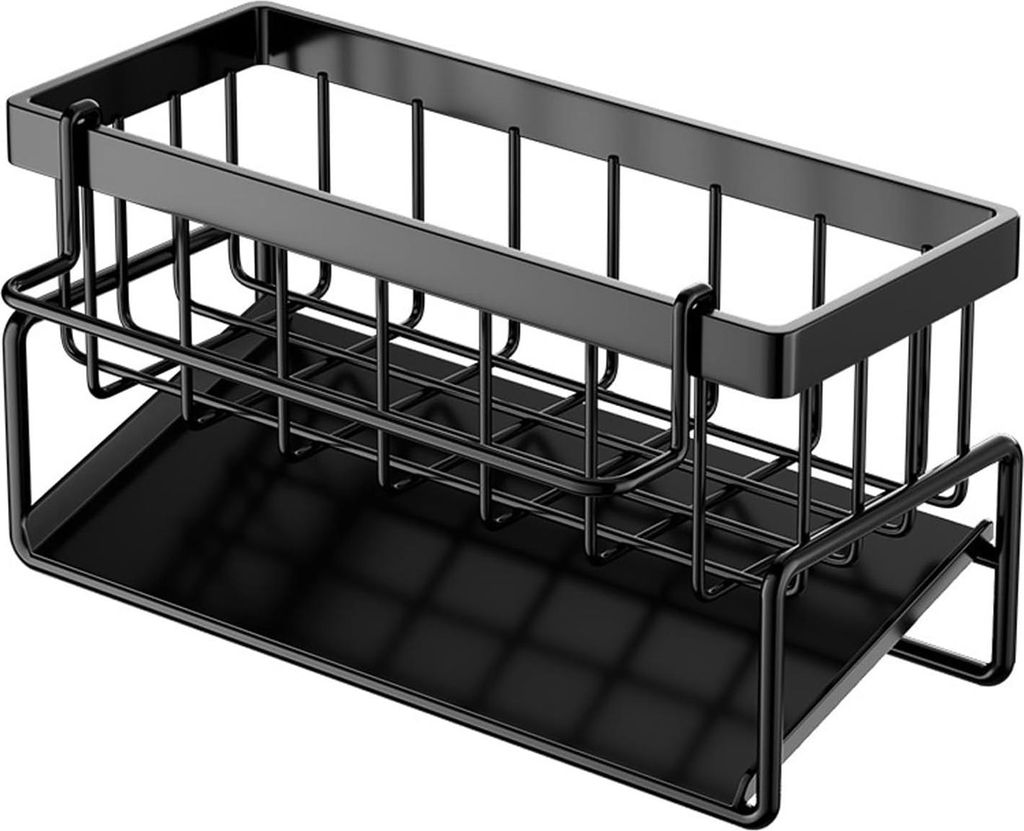Schwarzer schmaler Küchenorganizer - Spülbeckenorganizer mit Abtropfschale - rostfreier Stahl