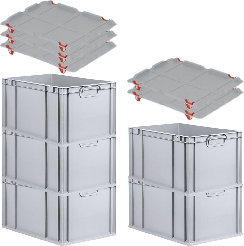 SparSet 5x Eurobox NextGen Grip mit Auflagedeckel inkl. 4 roten Schiebeschnappverschlüssen | HxBxT 32x40x60cm | 65 Liter | Grau | Griffe geschloss...