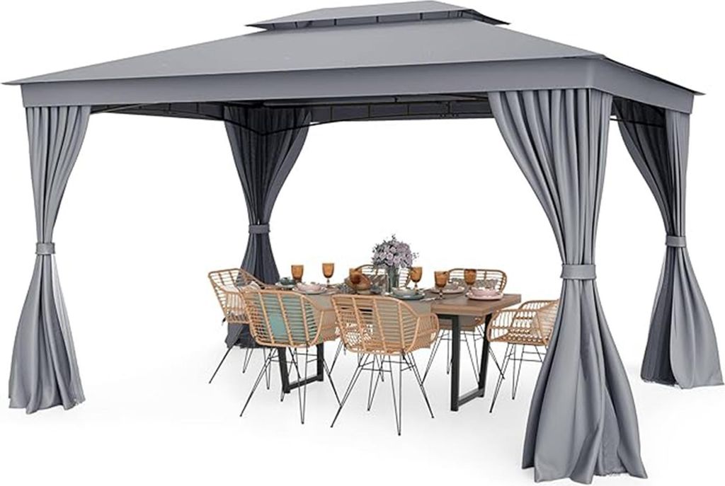 3 x 4m Pavillon, wasserfester, sonnengeschützter, Doppeldach-Pavillonzelt mit Metallrahmen & Seitenwänden & Moskitonetz & 8 Bodenspikes, Grau