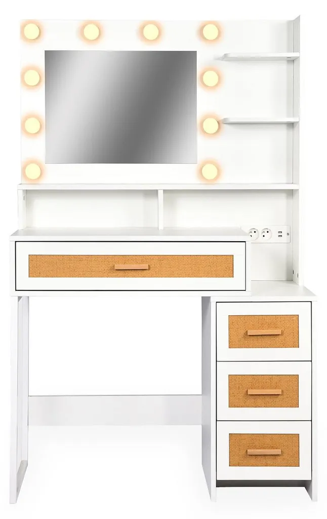 Menzzo Miraclas Coiffeuse 4 Tiroirs Bois Blanc et Rotin avec Miroir LED