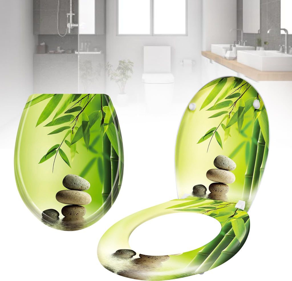 A toilet seat and lid with a bamboo and stone design, presented in a bathroom setting.