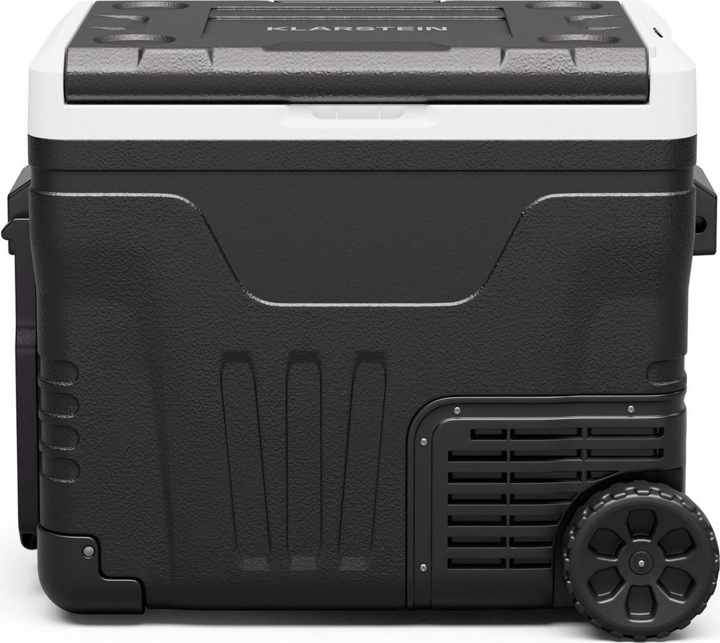 A side view of a black and white portable cooler.