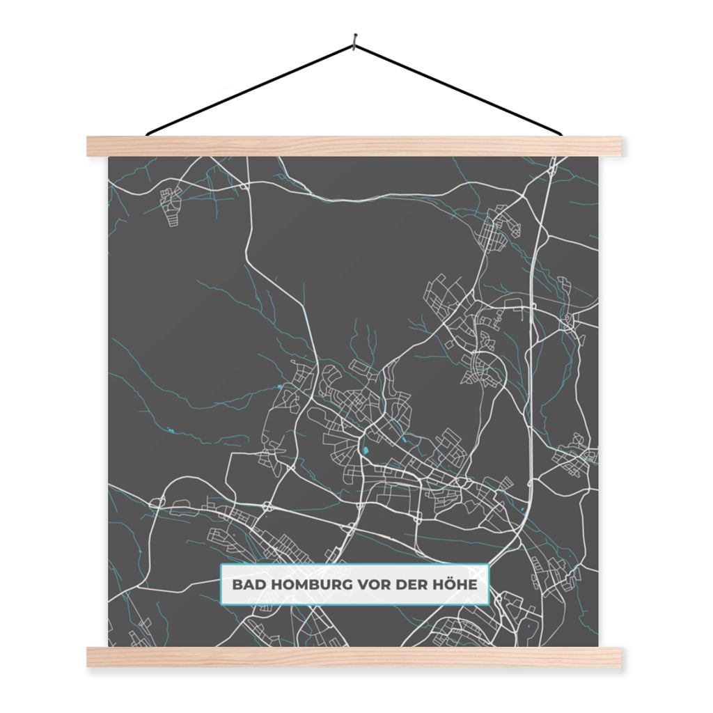 MuchoWow Textilposter Bad Homburg vor der Höhe - Stadtplan - Blau - Karte - Deutschland 40x40 cm mit holzfarbenen Rahmen - Posterleiste