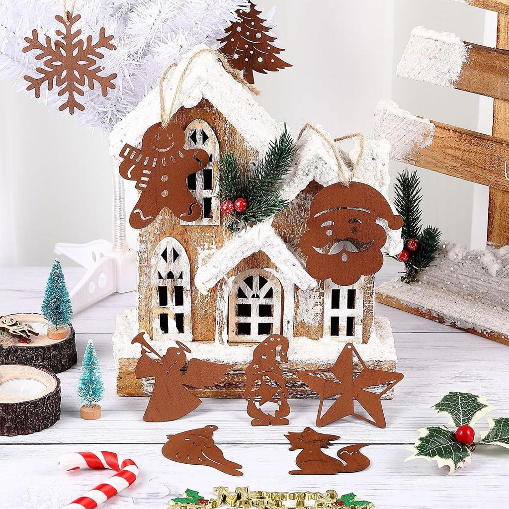 Pack von 12 Weihnachtsbaumdekorationen zum Aufhängen - Rostfarbene dekorative Rehe und Schneemann - Metall mit Rostdekoration - Weihnachtsbaumdeko...
