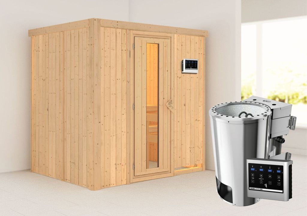 Karibu Sauna Innensauna Fanja Fronteinstieg Ofen 3,6 kW -Ofen externe Strg. easy 196x151x198 cm ohne Dachkranz mit Energiespartür