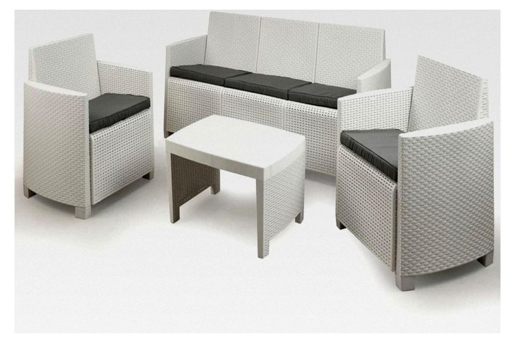 Wohnzimmer mit 2 Sesseln, 1 Sofa und 1 Couchtisch, inklusive Kissen, in Weiß, hergestellt in Italien