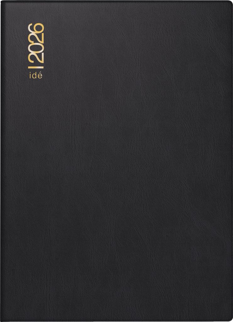A black planner with gold text on the cover.