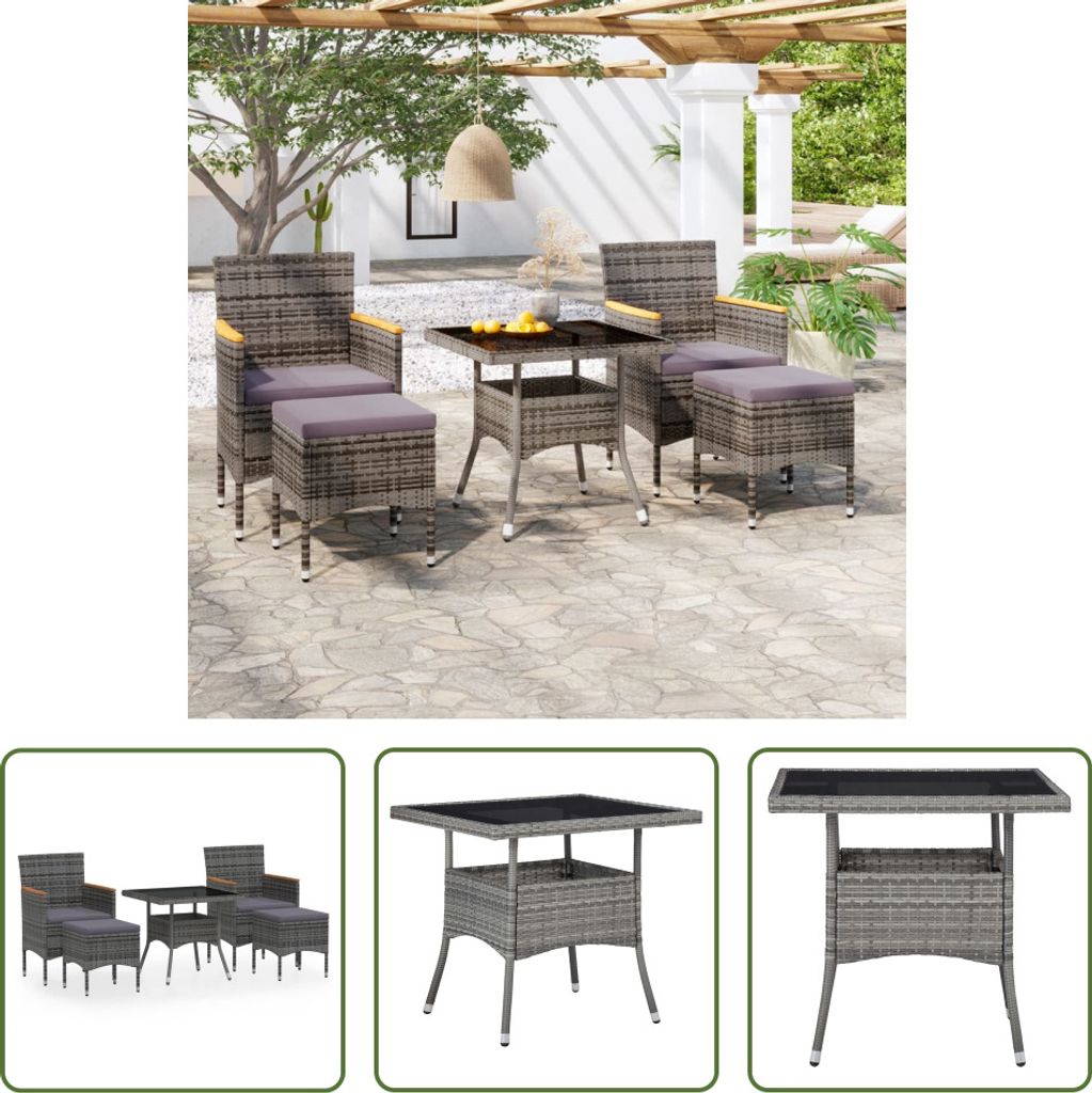 The Living Store 5-tlg. Garten-Essgruppe Poly Rattan und Hartglas Grau