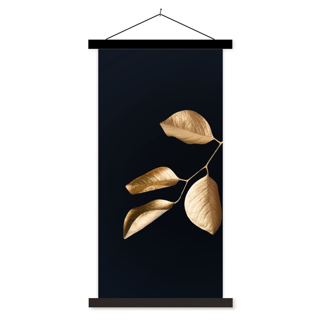 MuchoWow Textilposter Blätter - Zweig - Gold - Luxus 40x80 cm mit schwarzem Rahmen - Wandemalerei