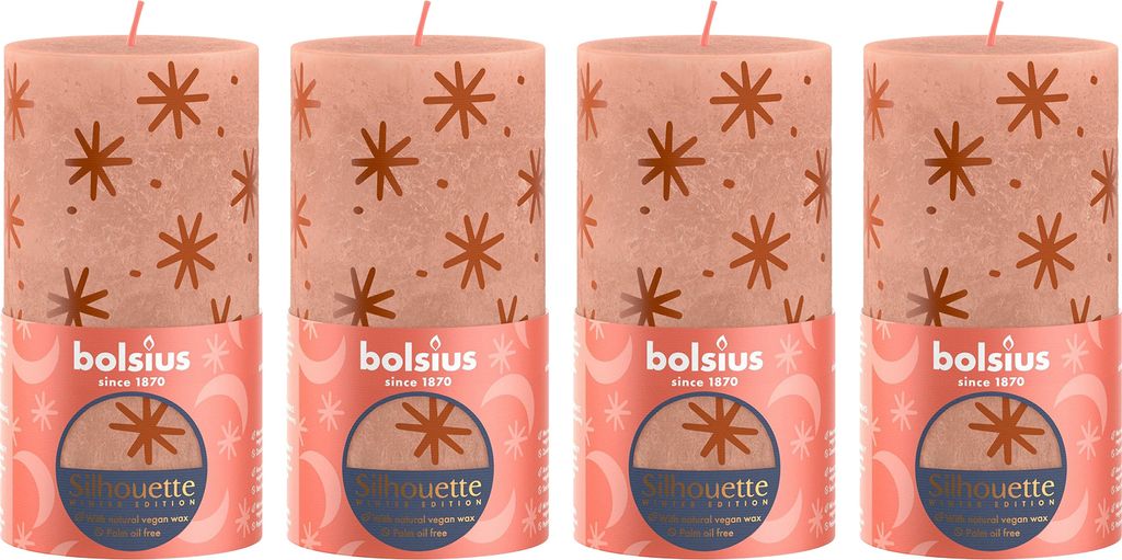 4er-Set Stumpenkerze - Höhe 13 cm - Durchmesser 6,8 cm - Rustik Print - Cremiges Caramel - Sterne