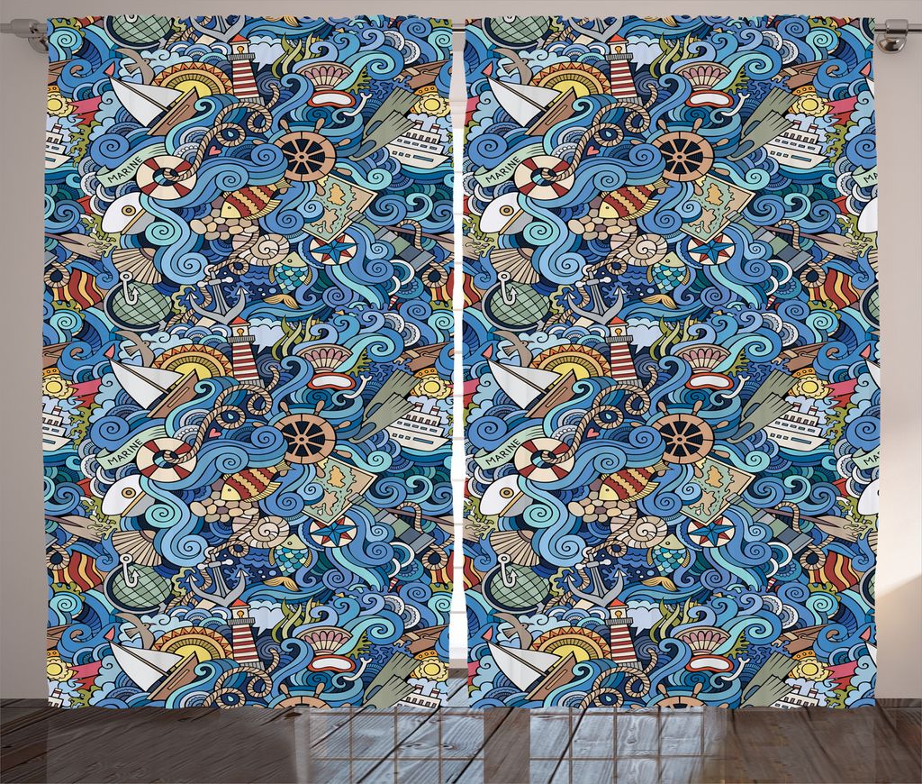 ABAKUHAUS Bunt Rustikaler Vorhang, Abstrakt Sea Shells, Wohnzimmer Universalband Gardinen mit Schlaufen und Haken, 280 x 245 cm, Mehrfarbig Blau