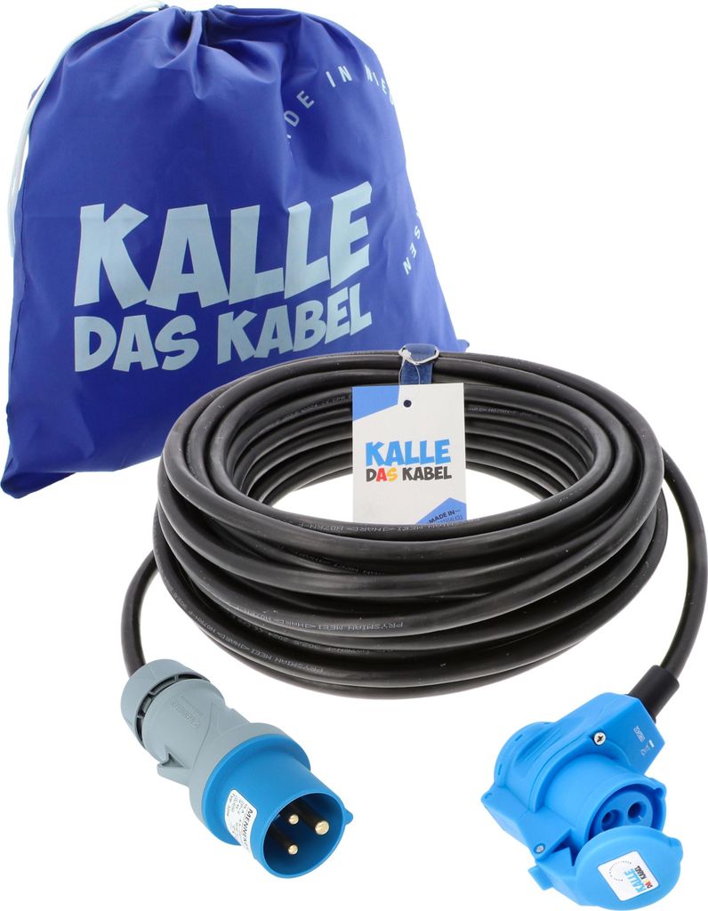KALLE DAS KABEL Verlängerungskabel CEE-Stecker-Winkelkupplung 230V 16A IP44 3G 2,5 mm² 20 Meter Stromkabel Verlängerung Campingkabel