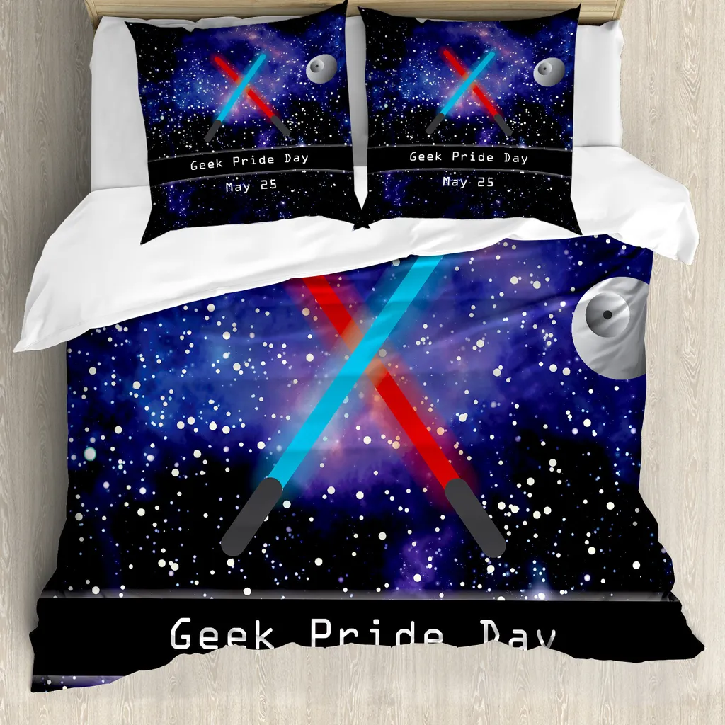 ABAKUHAUS Galaxis Copripiumino, Geek-Nerd Pride Day, antiacaro, adatto a chi soffre di allergie, con federe, 200 cm x 200 cm - 80 x 80 cm, blu, nero e rosso