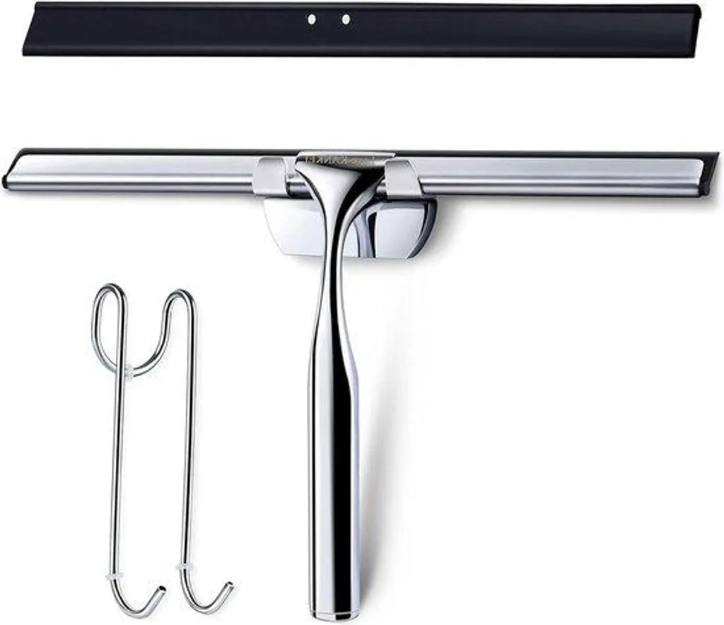Racleur de douche en acier inoxydable avec lèvre en caoutchouc et crochet