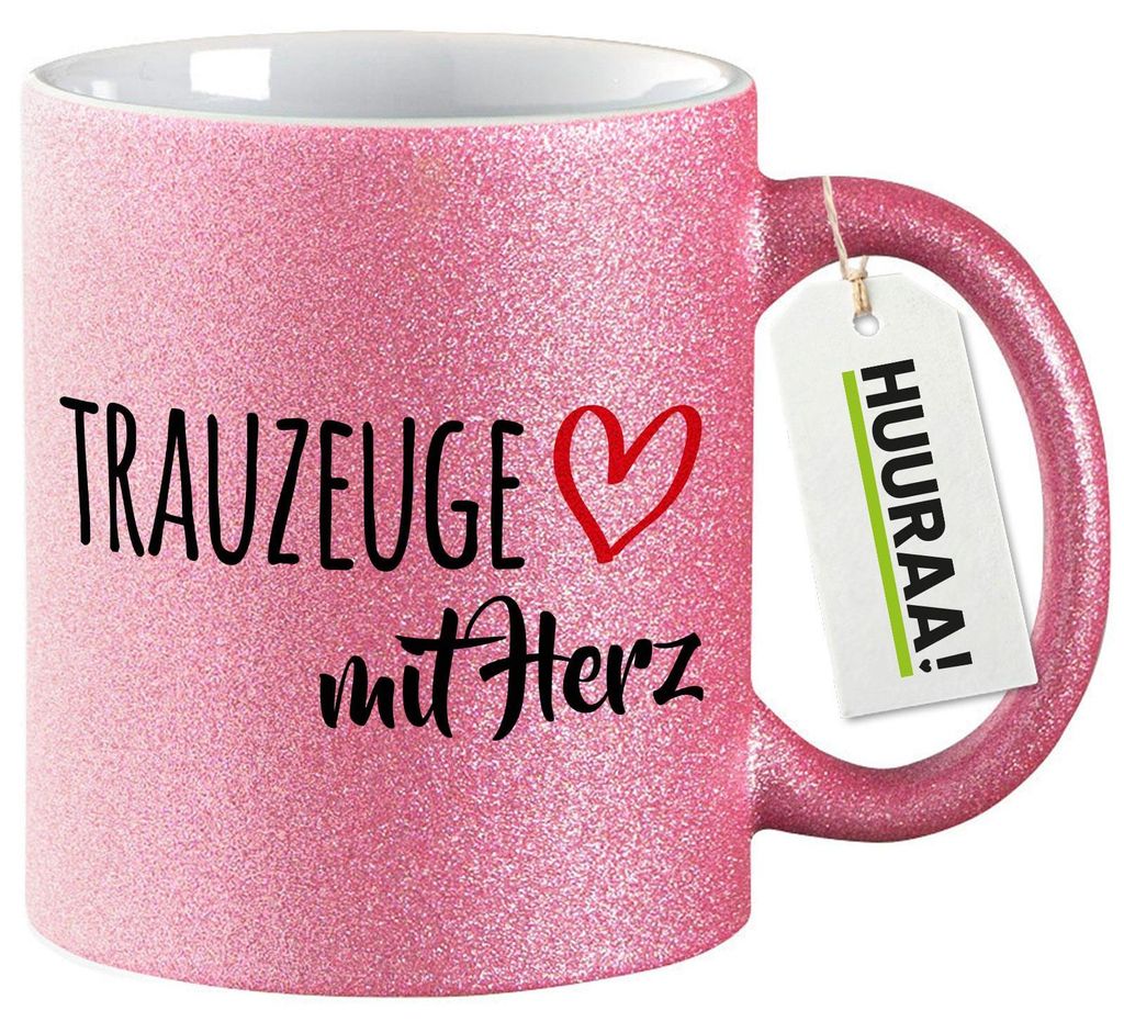 Huuraa Glitzertasse Trauzeuge mit Herz 330ml Pink Keramik Kaffeebecher Geschenkidee