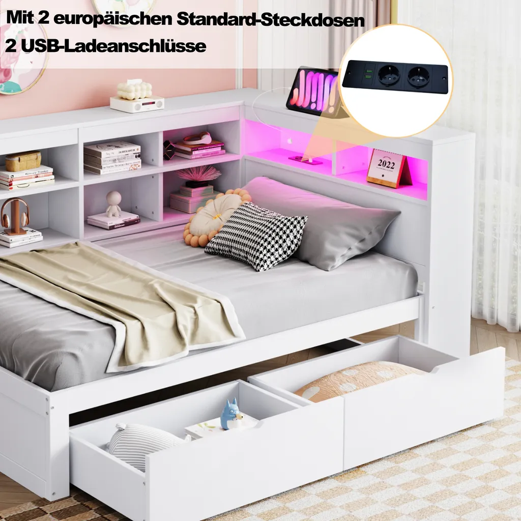 Lit Simple 90x200cm avec Éclairage LED et Ports de Charge USB Blanc - 4