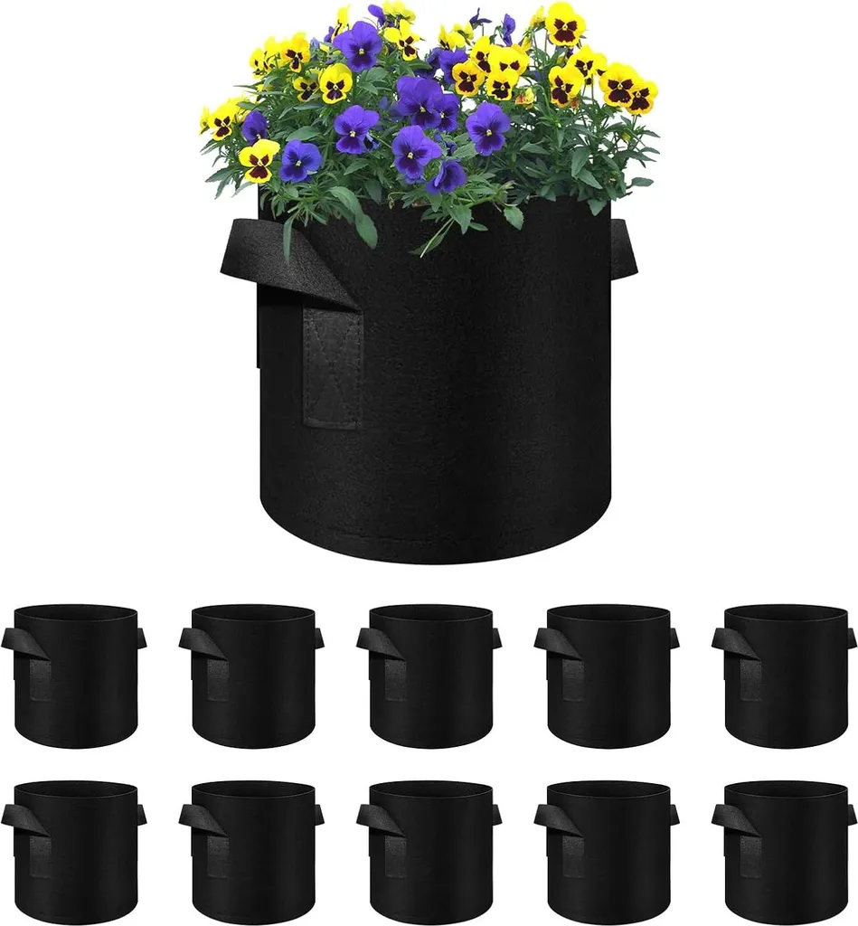 Sacs de Plantation 25L avec Poignées en Feutre - 10 Pièces - Noir