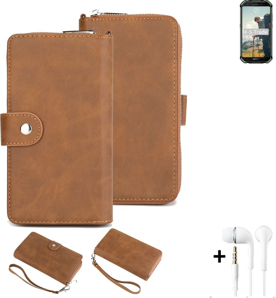 K-S-Trade Handy Schutz Hülle kompatibel mit Doogee S40 + Kopfhörer Portemonnee Tasche Wallet-Case Bookstyle-Etui braun (1x)