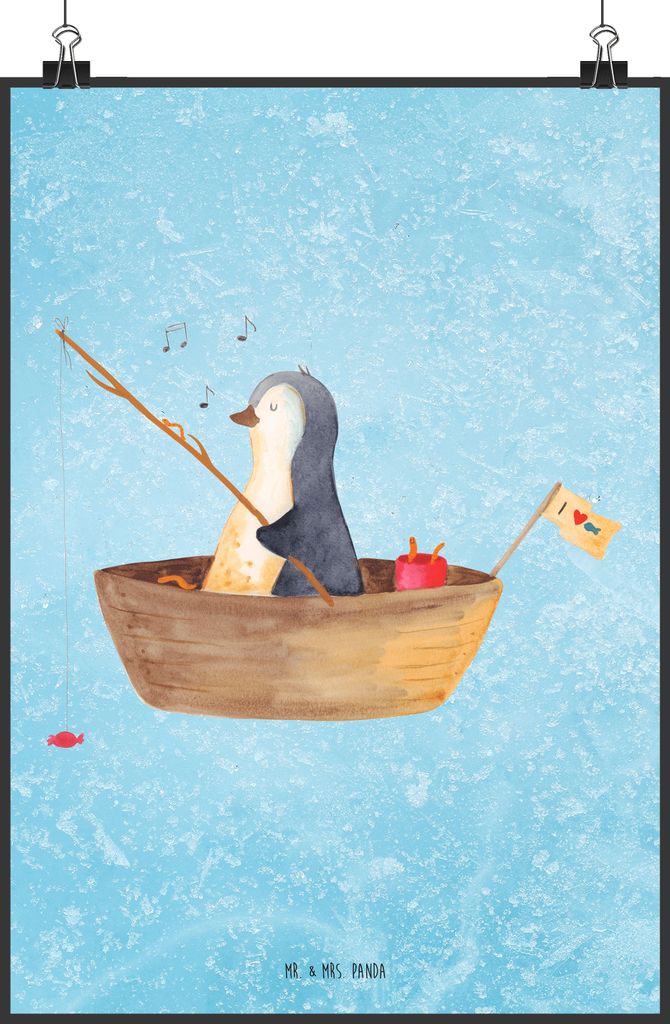 Mr. & Mrs. Panda Bild Pinguin Angelboot DIN A0 - Eisblau - Geschenk, Optimistisch, wanddeko, drucke, Angeln, kunstdruck poster, Boot, Wandbild, Mot...