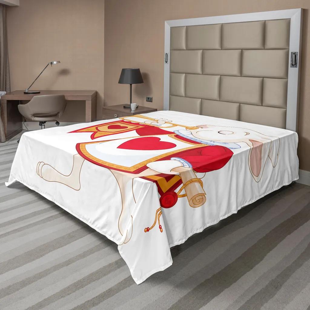 ABAKUHAUS Alice nel Paese delle Meraviglie Lenzuolo, Coniglio, Tromba Reale Con Cuore Disegno Animali Stampa, morbido e confortevole lenzuolo superiore per un letto decorativo 1 pezzo 266 cm x 260 cm, Giallo Bianco Rosso - 1