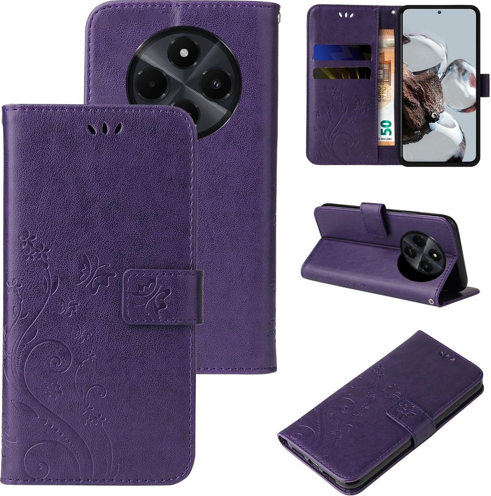 A collage of images showing a purple floral and butterfly embossed flip phone case for a Xiaomi Redmi 14C.