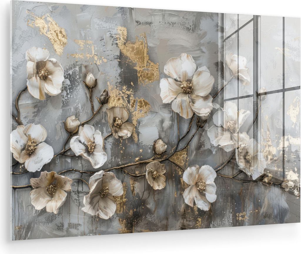 MuchoWow Glasbilder - Bilder auf Wandbild - Foto auf Glas Blumen - Weiß - Grau - Gold - Luxus 60x40 cm Wanddekoration aus Glas - Acrylglasbild - A...