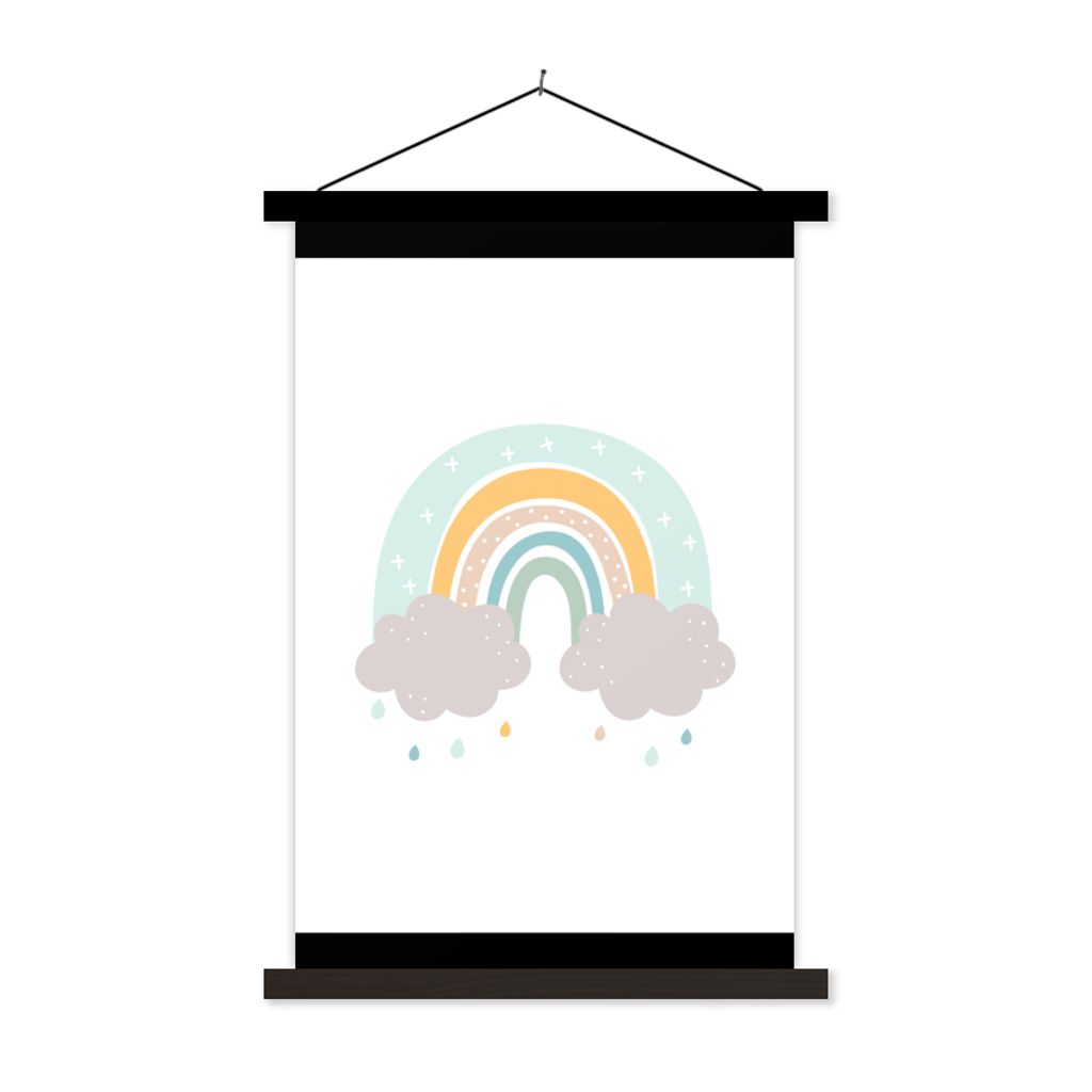 MuchoWow Textilposter Regenbogen - Wolken - Regen - Kinder - Pastell 90x120 cm mit schwarzem Rahmen - Dekoration