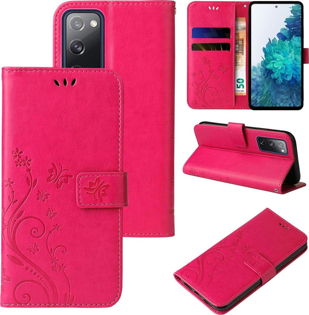 Handyhülle für Samsung Galaxy S20 FE Floral Blumen Schmetterling Flip Cover Hülle Case Klapphülle Handytasche Farbe: Pink