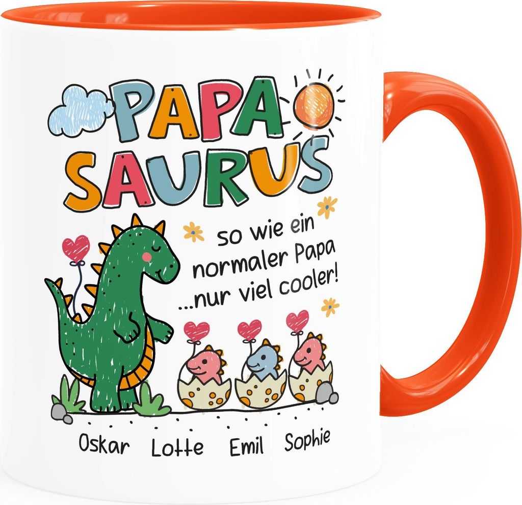 Tasse Dino Papasaurus mit Namen 1 2 3 Kinder personalisierte Geschenke für Papa Mama zum Vatertag Muttertag SpecialMe Papa weiss-innen-orange st...