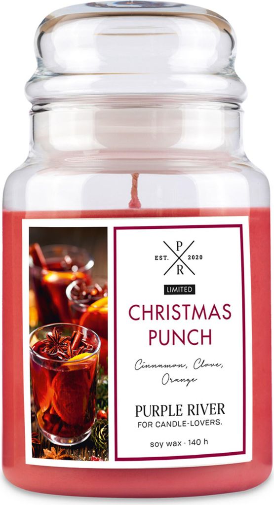Duftkerze Purple River Christmas Punch, handgegossen, Sojawachs, 623g, Brenndauer 140h, Glas, 2 Baumwolldochte