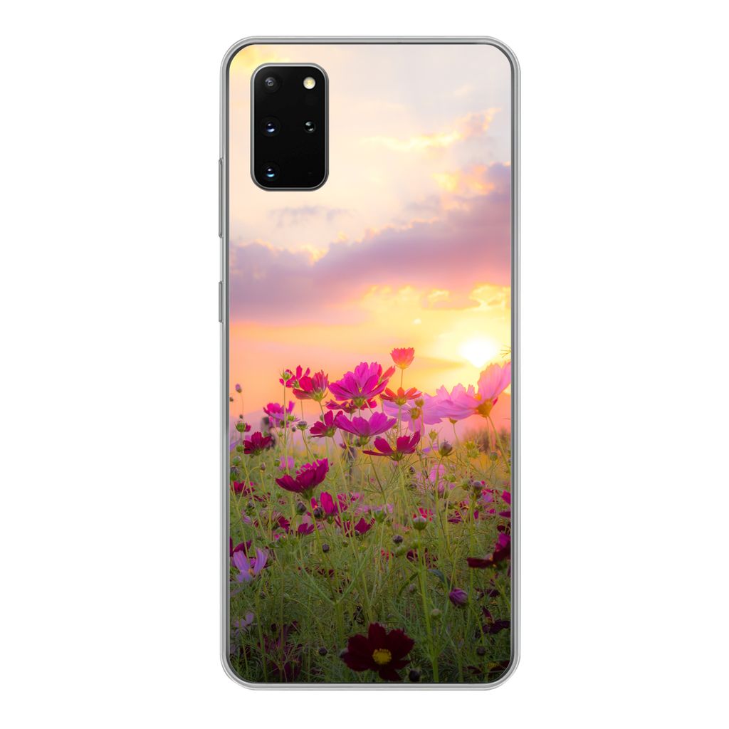MuchoWow Handyhülle Schutzhülle Hülle für Samsung Galaxy S20 Plus Sonnenuntergang - Blumen - Rosa - Natur - Grün Silikon Softcase Handy Hül...