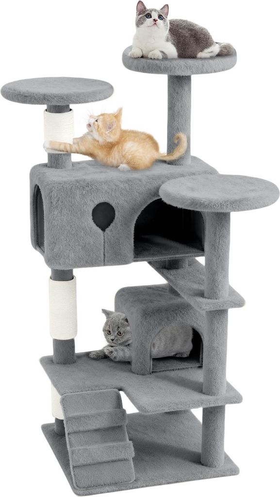 UISEBRT Hellgrau Katzenbaum 130 cm – Stabiler Kratzbaum mit Höhle, Sisal-Pfosten, Plattformen & Katzenregal Kletterturm Spiel- & Schlafplatz