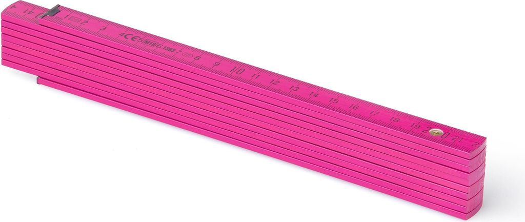 A folded pink folding ruler is shown against a white background.