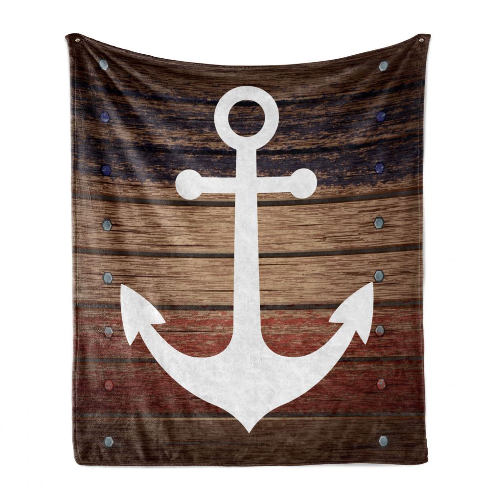 ABAKUHAUS Marine Weich Flanell Fleece Decke, Boot Thema Anker-Motiv, Gemütlicher Plüsch für den Innen- und Außenbereich, 125 x 175 cm, Braun weiß