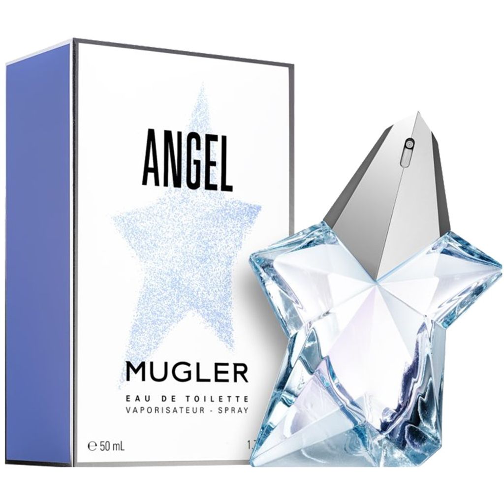 A product shot of Thierry Mugler Angel Edt Spray and its packaging.