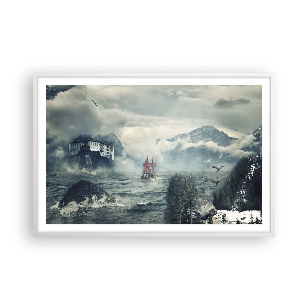 Gerahmtes Poster - Weißer Rahmen - Sturm Berge Segelschiff - 91,5x61 cm - Wand Bild - Wanddeko - Wandbilder - Kunstposter - Wandposter - Bilderrah...