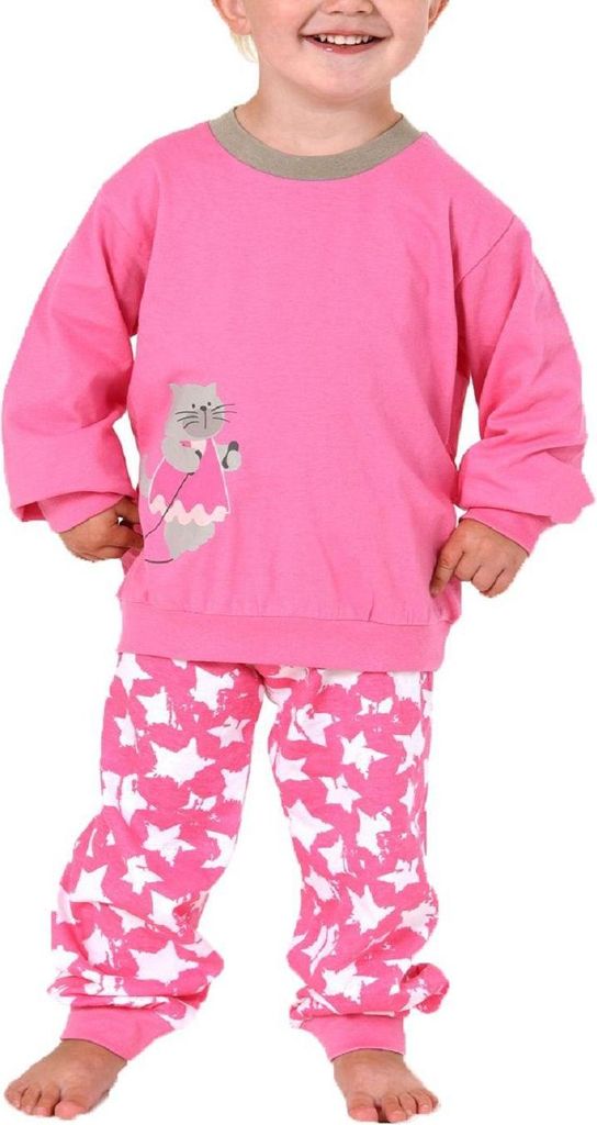 Mädchen Schlafanzug Pyjama mit Bündchen- Hose im Sternen Motiv - Oberteil Katze als Motiv ; pink , 116