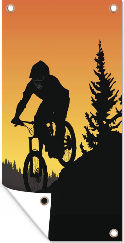 MuchoWow 80x160 cm Outdoor-Poster Gartendeko Sichtschutz Garten Poster für den Garten Eine Illustration des Mountainbikens in der Dämmerung
