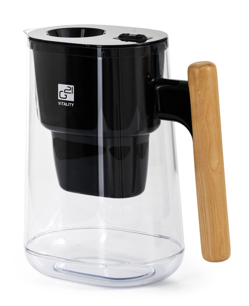 A clear water pitcher with a black filter housing and a wooden handle.