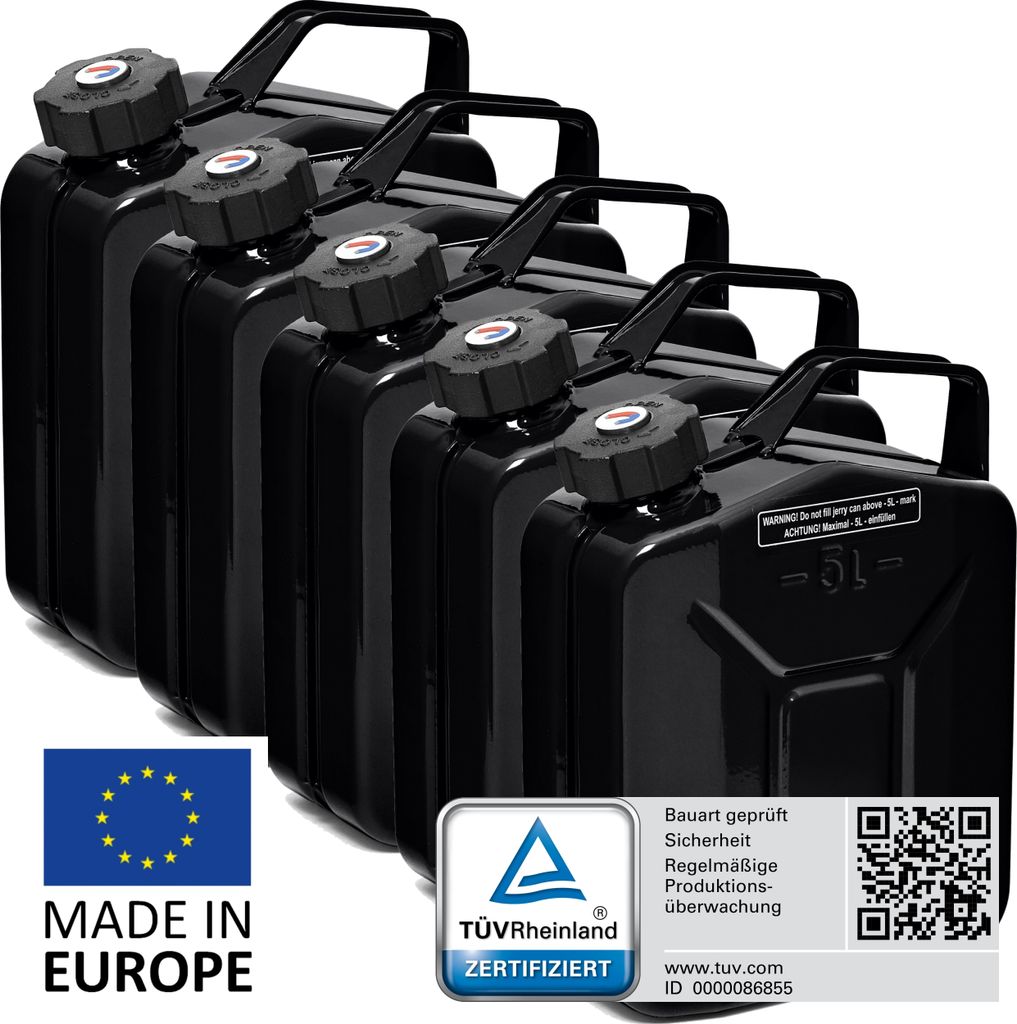 BW Kraftstoffkanister Metall Benzinkanister 5x 5 Liter mit Schraubverschluss - Schwarz RAL 9005 - UN-Zulassung - Hergestellt in Europa