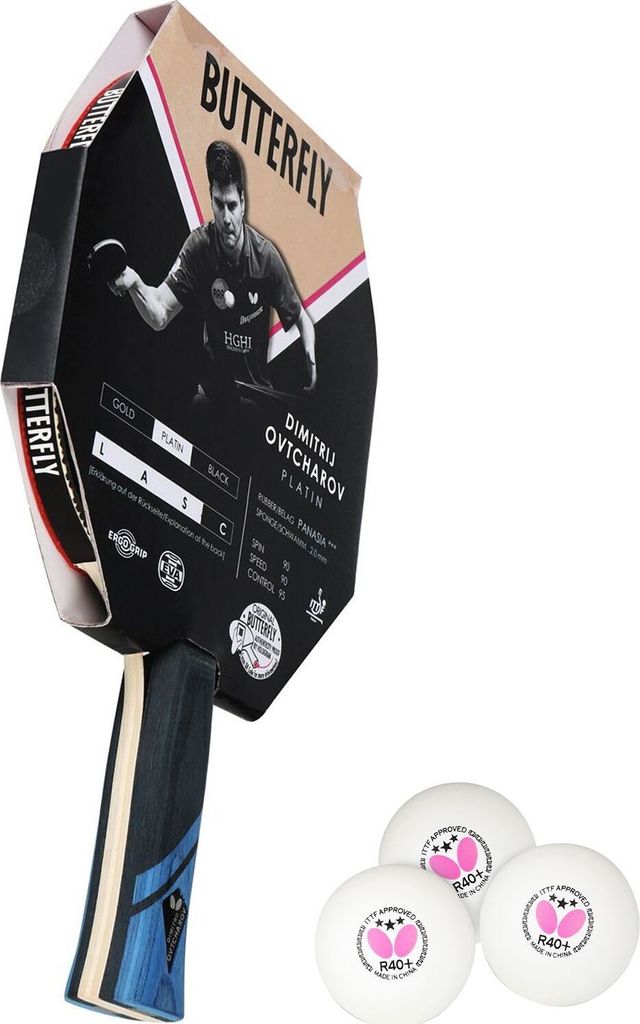 Butterfly 1x Dimitrij Ovtcharov Platin Tischtennisschläger + 3x 40+ 3*** Tischtennisbälle