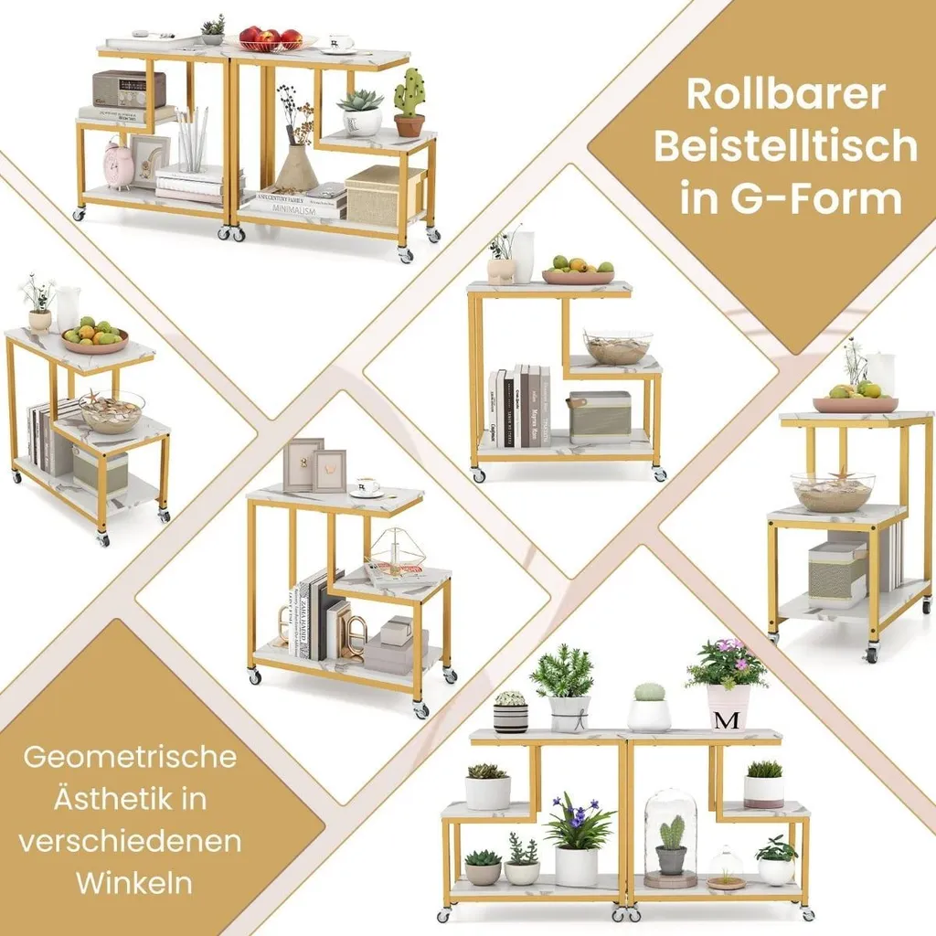 Table d'appoint à roulettes à 3 niveaux design marbre forme en G