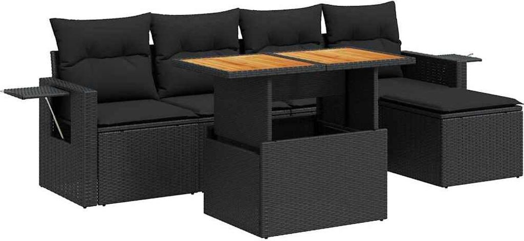 6-tlg. Garten-Sofagarnitur mit Kissen Schwarz Poly Rattan