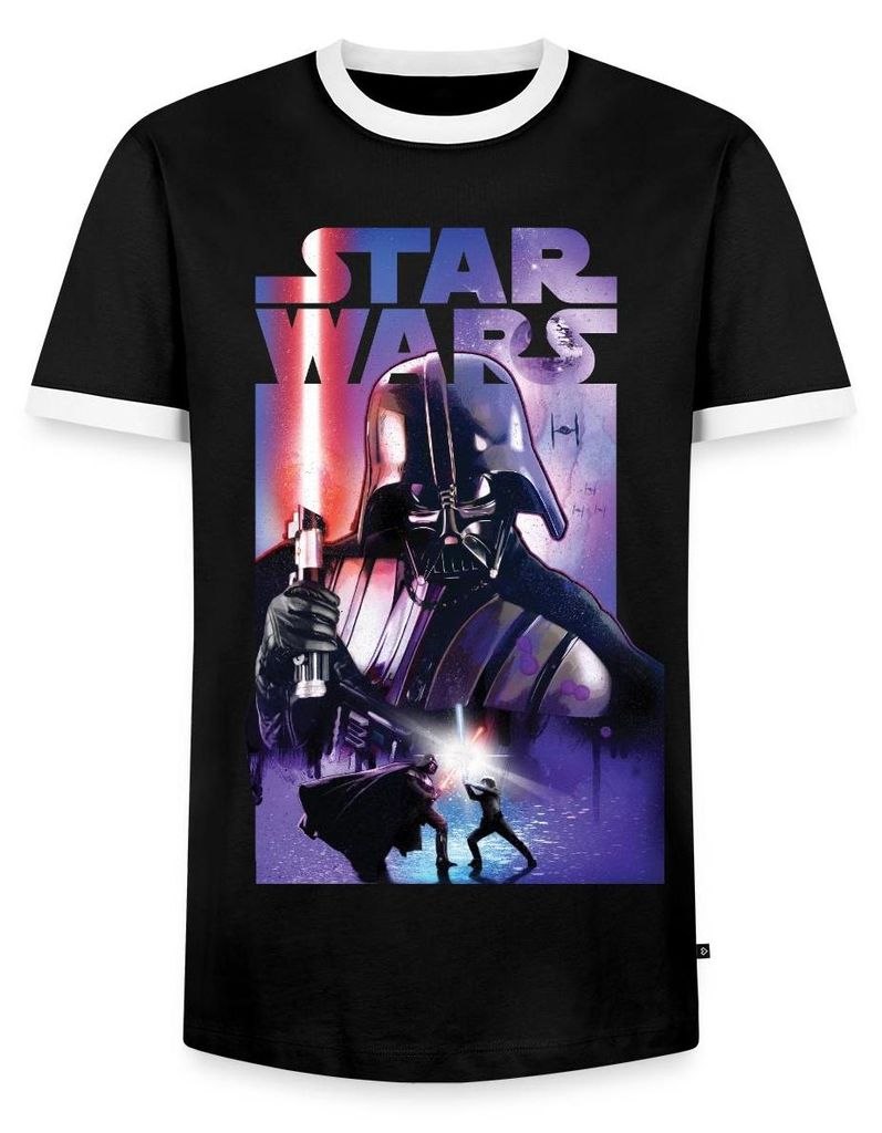 Star Wars Darth Vader Mit Rotem Lichtschwert Männer Kontrast T-Shirt, L, Schwarz/Weiß