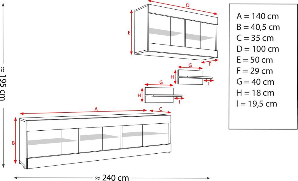Komodee, Set, Möbel, Tivoli SET3, Schwarz/Schwarz, Breite 240cm x Höhe 159cm x Tiefe 35cm, LED Blau, für Wohnzimmer, Schlafzimmer