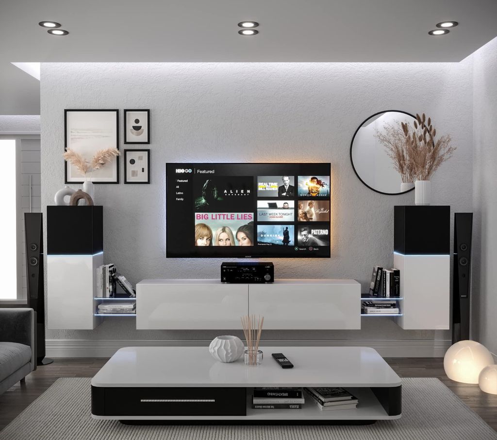 Furnitech Wohnwand Wohnzimmer - Wohnzimmer Möbel mit LED Blau - Hängend Wohnwand Modern - Regale und TV Schrank (AN104-21BW-HG3 - 1A)